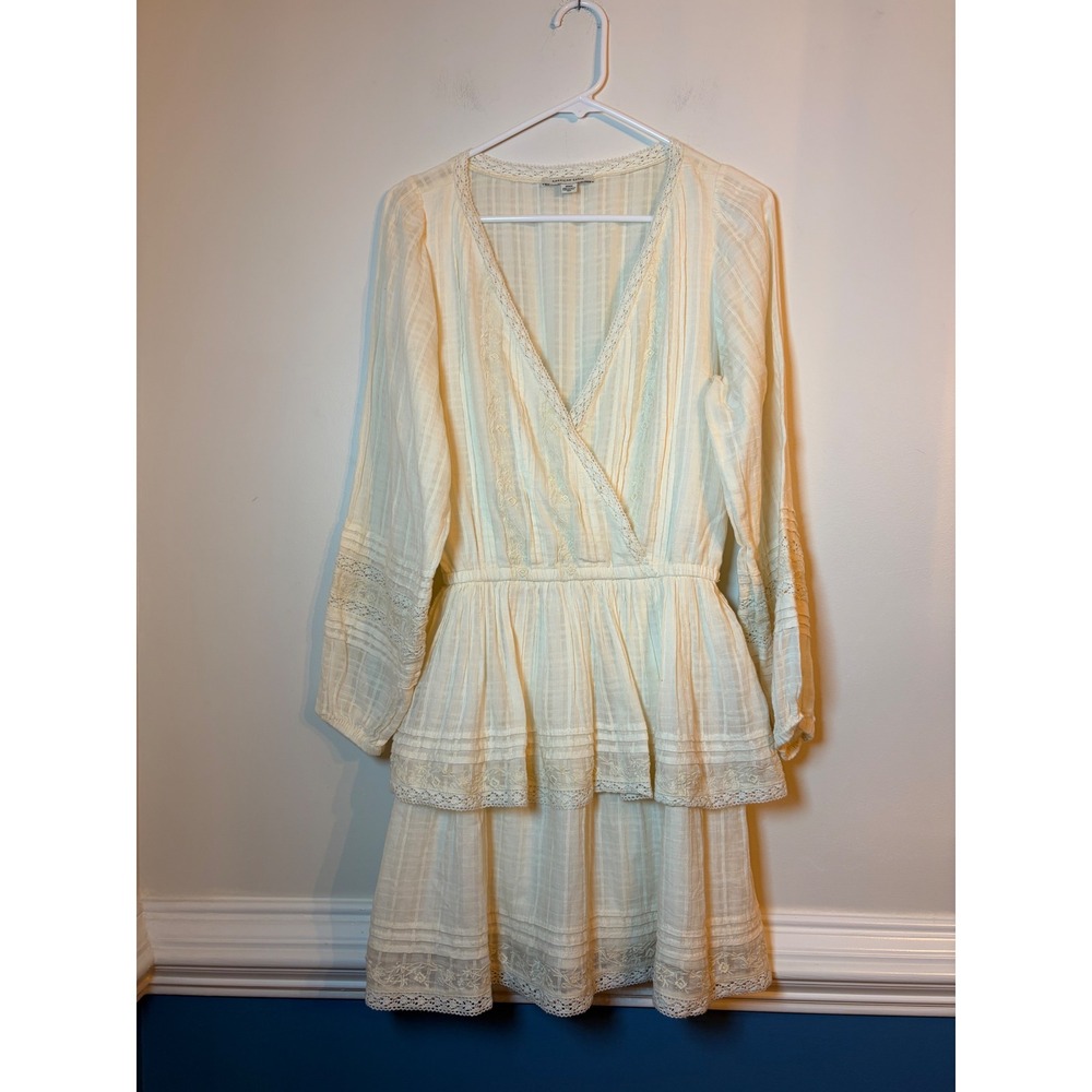 American Eagle Mini Dress Womens M Cream Boho Lace Tiered Long Sleeve V-Neck